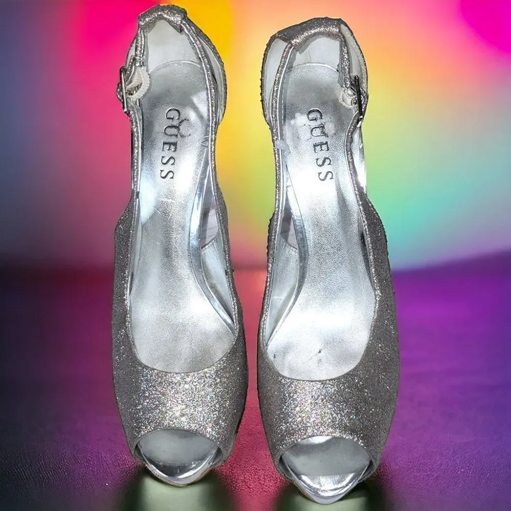 Guess rainbow silver glitter encrusted peep-toe stiletto heels